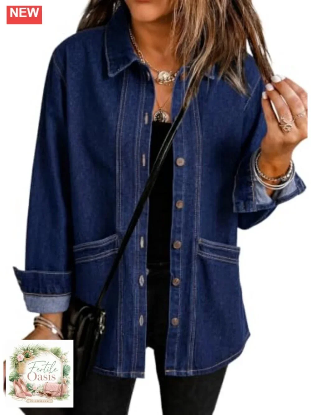 Oversized Cotton Blend Denim Jacket Button Down Jean Coat